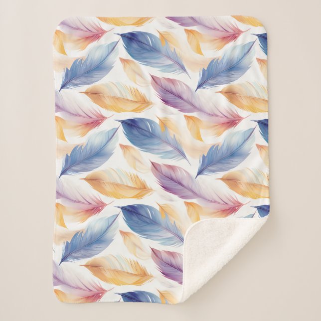 Colourful Watercolor Feathers Sherpa Blanket (Front)