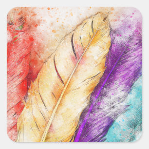 Colourful Watercolor Feathers Square Sticker