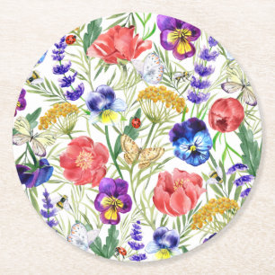 Colourful Watercolor Field Flowers Poppies Coaster