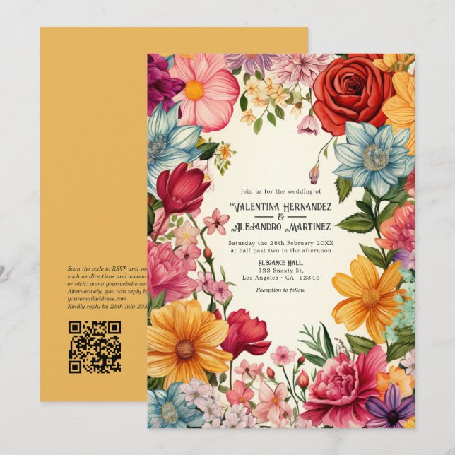 Colourful Watercolor Fiesta Wedding with QR Code Invitation (Front/Back)