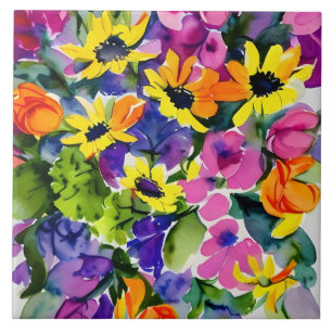 Colourful Watercolor Floral Art Ceramic Tile