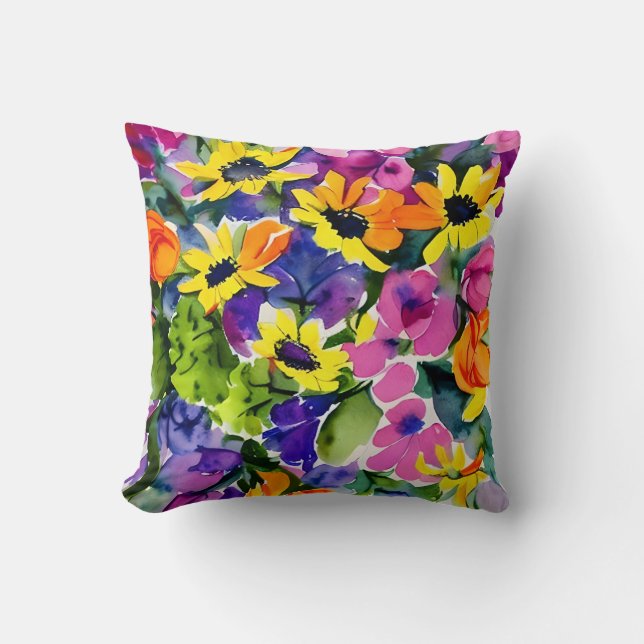 Colourful Watercolor Floral Art Cushion (Front)