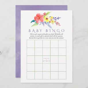 Colourful Watercolor Floral Baby Shower Bingo Invitation