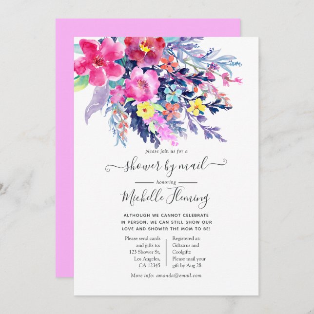 Colourful Watercolor Floral Baby Shower by Mail Invitation (Front/Back)