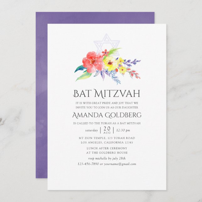 Colourful Watercolor Floral Bat Mitzvah Invitation (Front/Back)