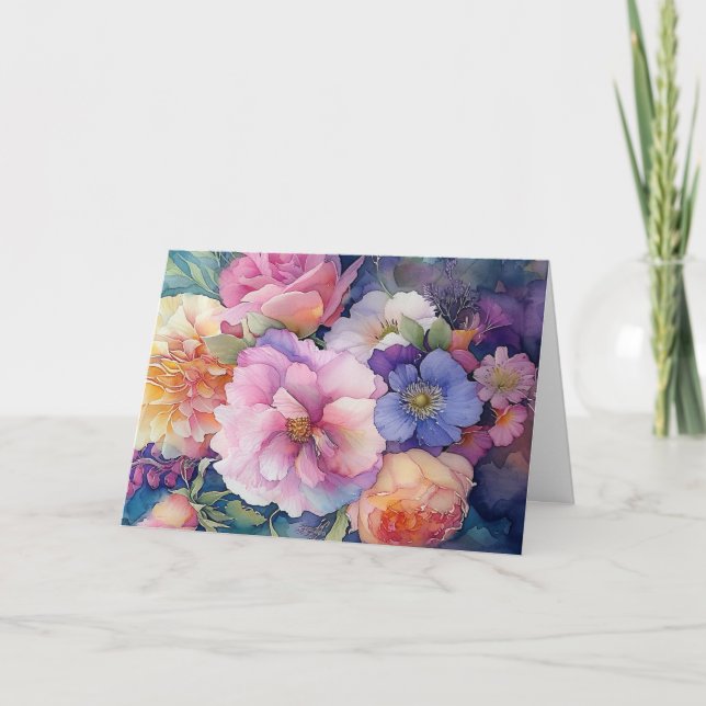Colourful Watercolor Floral Blank Note Card  (Front)