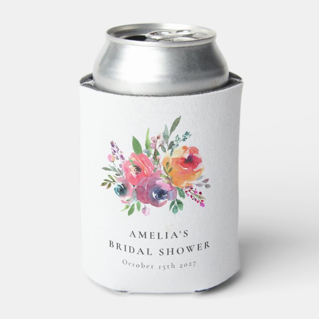 Colourful Watercolor Floral Bridal Shower Custom Can Cooler (Can Front)