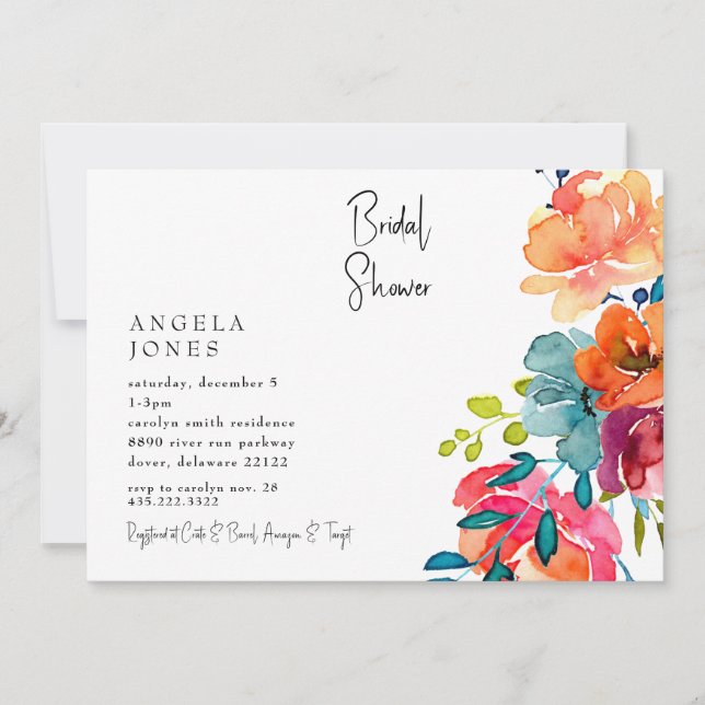 Colourful Watercolor Floral Bridal Shower II Invitation (Front)