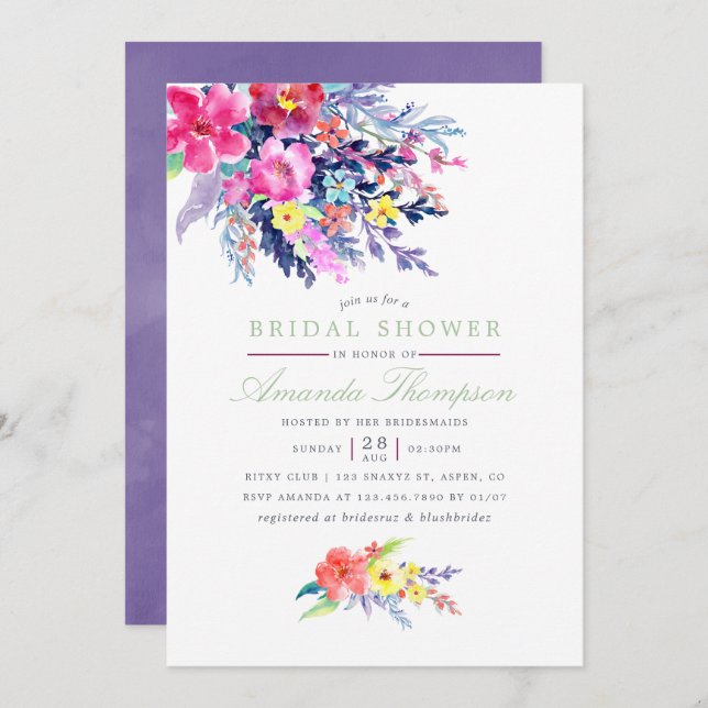 Colourful Watercolor Floral Bridal Shower Invite (Front/Back)
