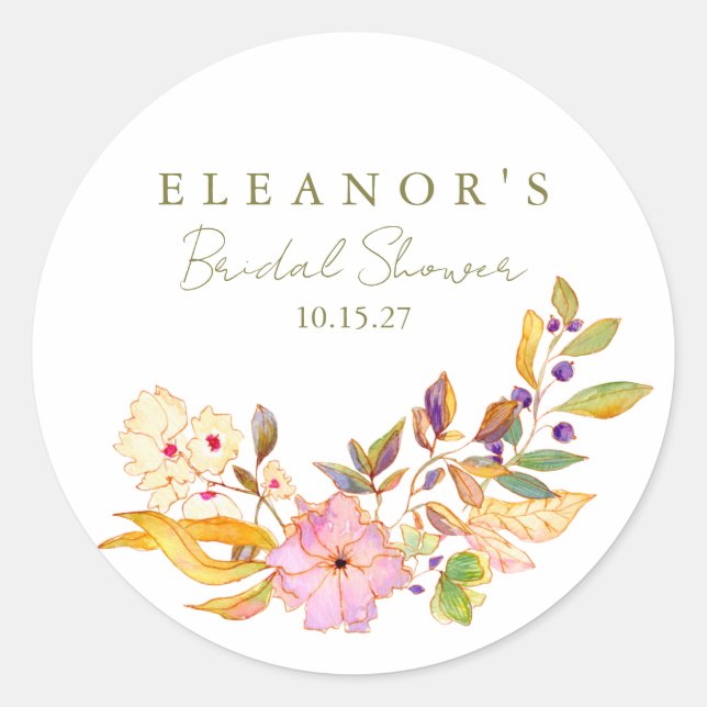 Colourful Watercolor Floral Brunch Bubbly Shower Classic Round Sticker (Front)