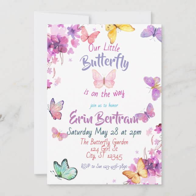 Colourful watercolor Floral Butterfly Baby Shower Invitation (Front)