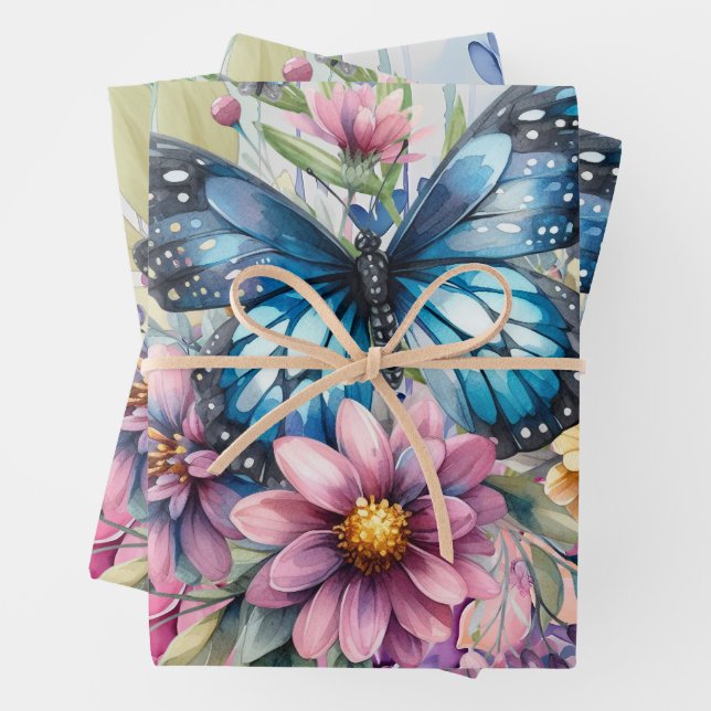 Colourful Watercolor Floral Butterfly Wrapping Paper Sheet (In situ)