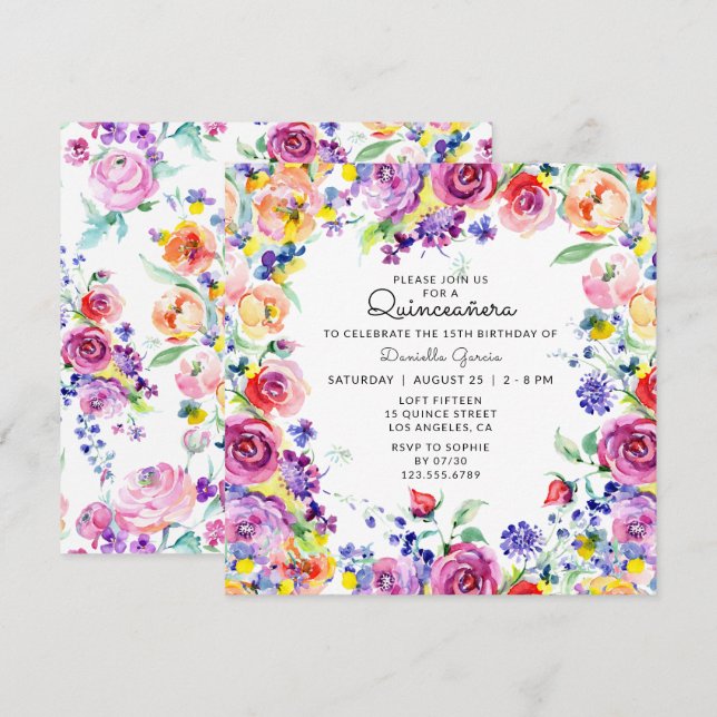 Colourful Watercolor Floral Chic Quinceañera Invitation (Front/Back)