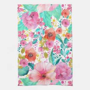 Colourful WaterColor Floral Collage Tea Towel
