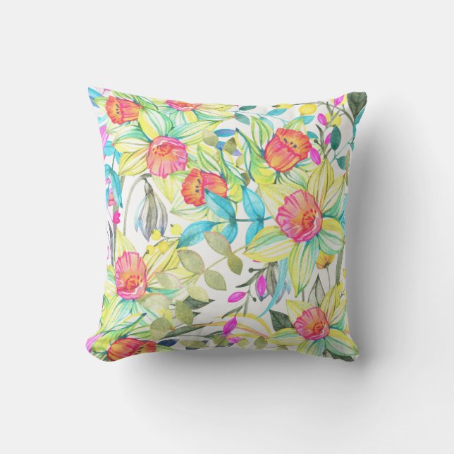 Colourful Watercolor Floral Daffodil Pattern Cushion (Front)