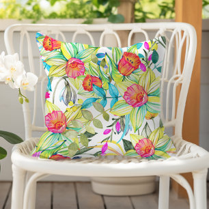Colourful Watercolor Floral Daffodil Pattern Cushion