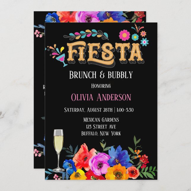Colourful Watercolor Floral Fiesta Brunch &  Bubbl Invitation (Front/Back)