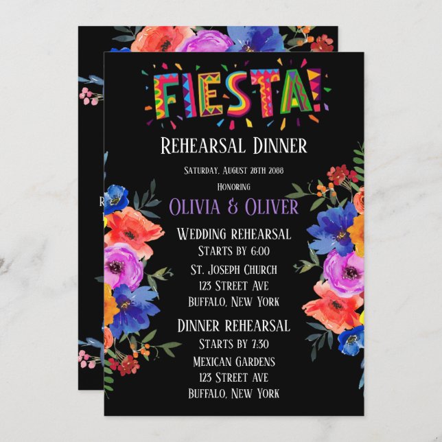 Colourful Watercolor Floral Fiesta Rehearsal Dinne Invitation (Front/Back)