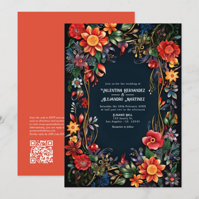 Colourful Watercolor Floral Fiesta Wedding QR Code Invitation (Front/Back)