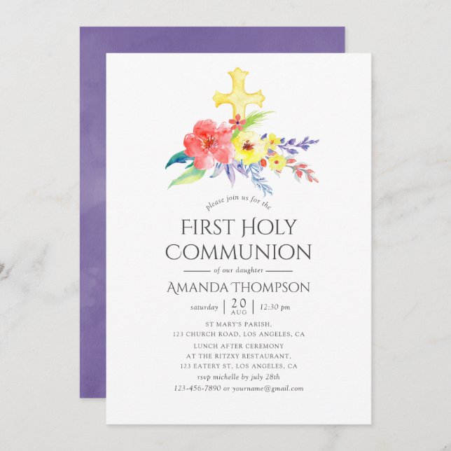 Colourful Watercolor Floral First Holy Communion Invitation (Front/Back)