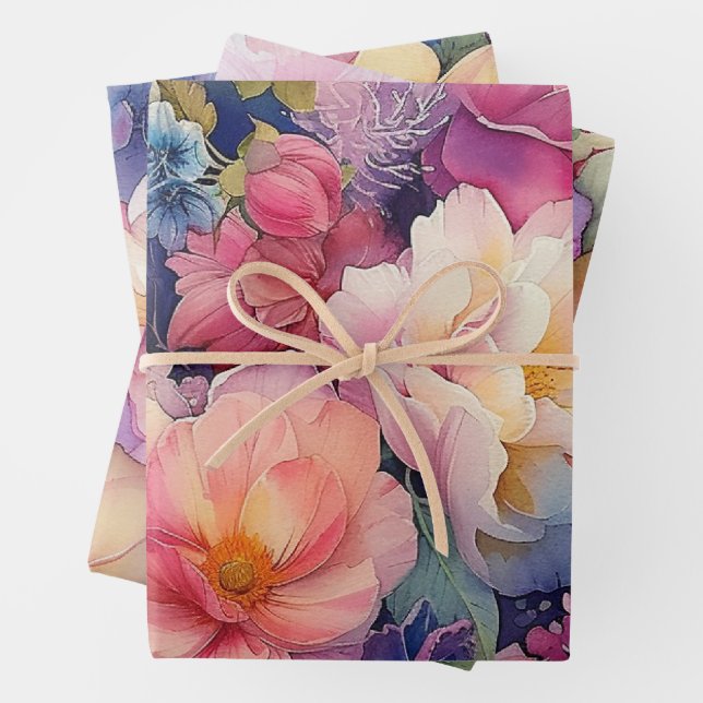 Colourful Watercolor Floral Gift Wrapping Paper (In situ)