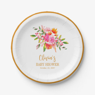 Colourful Watercolor Floral Gold Custom Baby Showe Paper Plate