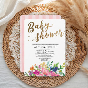Colourful Watercolor Floral Gold White Baby Shower Invitation