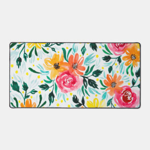 Colourful Watercolor Floral Illustration Pattern Desk Mat