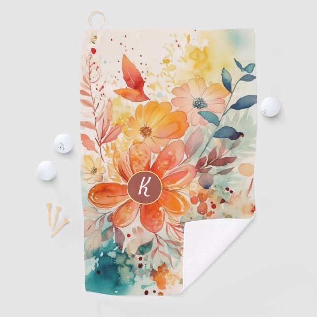 Colourful Watercolor Floral Monogram Golf Towel (InSitu)