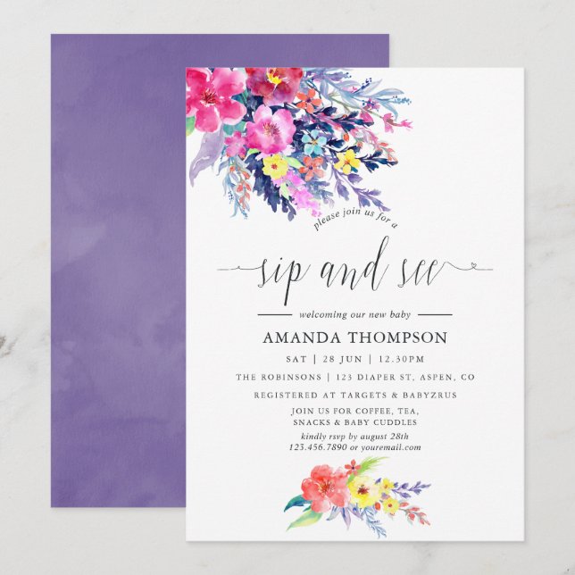 Colourful Watercolor Floral Sip and See Invitation (Front/Back)
