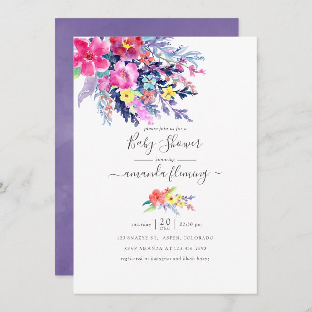 Colourful Watercolor Floral Spring Baby Shower Invitation (Front/Back)