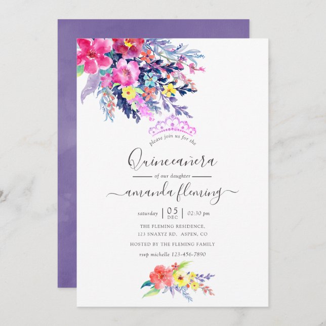 Colourful Watercolor Floral Spring Quinceañera Invitation (Front/Back)