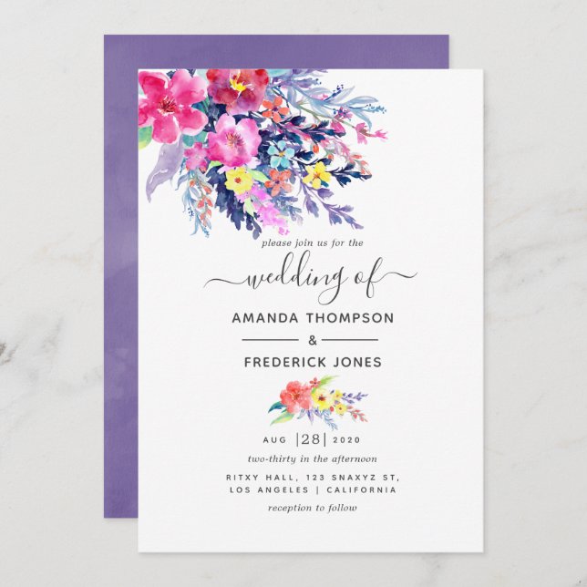 Colourful Watercolor Floral Spring Wedding Invitation (Front/Back)