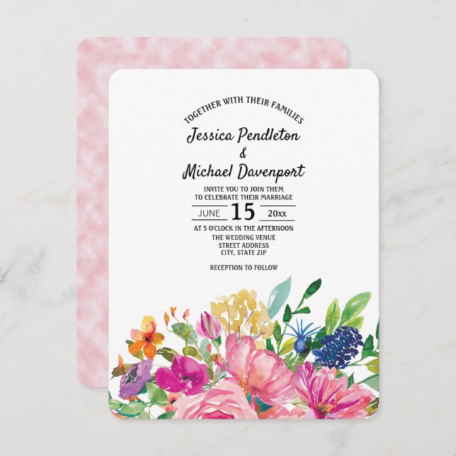 Colourful Watercolor Floral Square Wedding Invite (Front/Back)