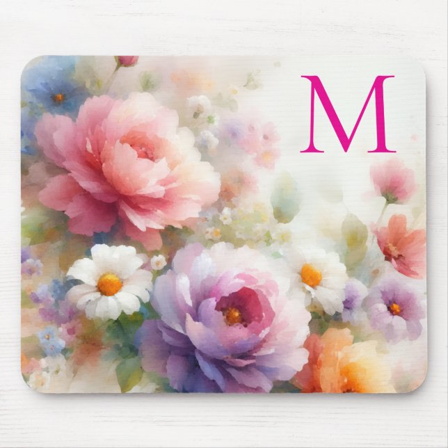 Colourful Watercolor Floral Template Monogram Mouse Pad (Front)