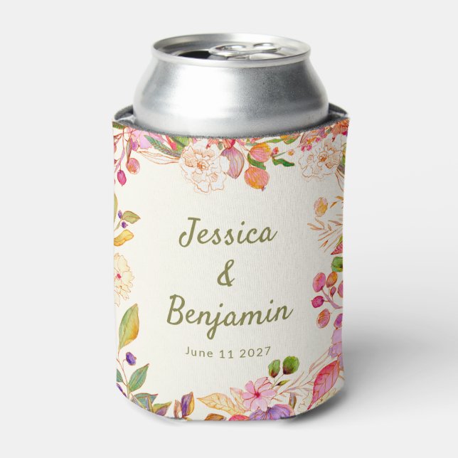 Colourful Watercolor Floral Wedding Custom Name Can Cooler (Can Front)