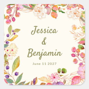 Colourful Watercolor Floral Wedding Custom Name Square Sticker