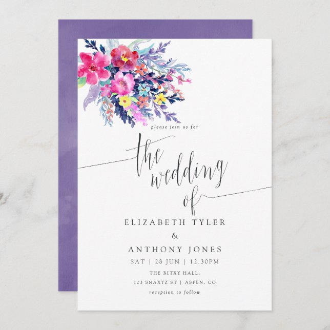 Colourful Watercolor Floral Wedding Invitation (Front/Back)
