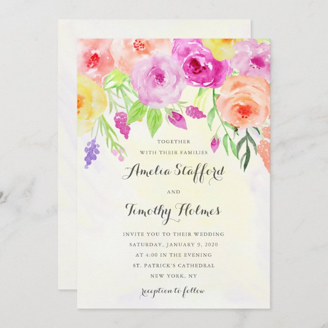 Colourful Watercolor Floral Wedding Invitation (Front/Back)