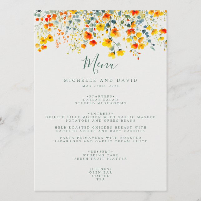 Colourful Watercolor Floral Wedding Menu (Front)