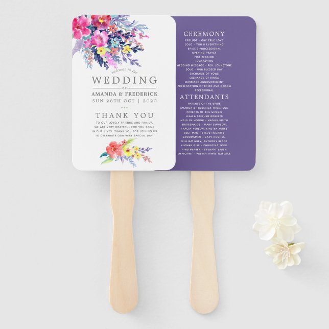 Colourful Watercolor Floral Wedding Program Hand Fan (Front and Back)