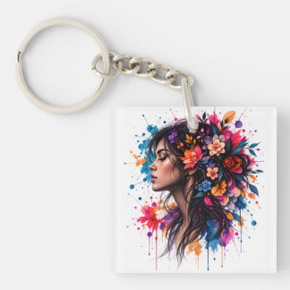 Colourful Watercolor Floral Woman Artistic Key Ring