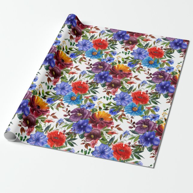 Colourful Watercolor Floral Wrapping Paper (Unrolled)