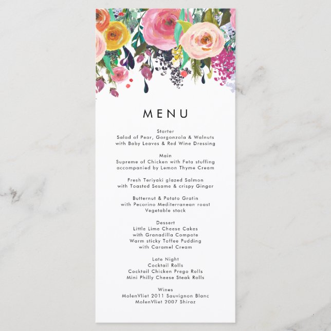Colourful Watercolor Flower Garden Wedding Menu (Front)