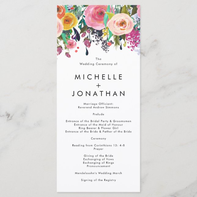 Colourful Watercolor Flower Garden Wedding Program (Front)