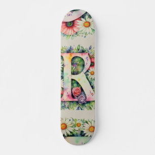 Colourful Watercolor Flower Personalised Monogram  Skateboard
