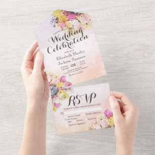 Colourful Watercolor Flowers Botanical Wedding RSV All In One Invitation