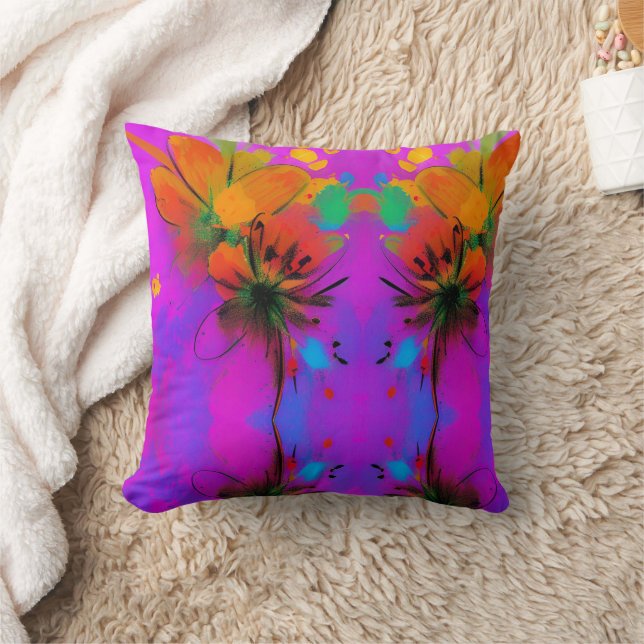 Colourful watercolor flowers fuchsia orange violet cushion (Blanket)