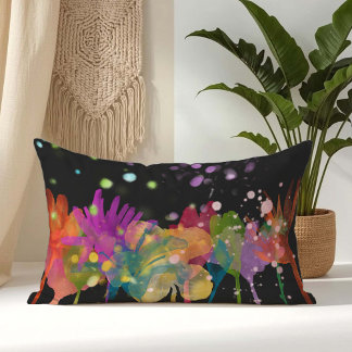 Colourful Watercolor Flowers on Black Lumbar Cushion