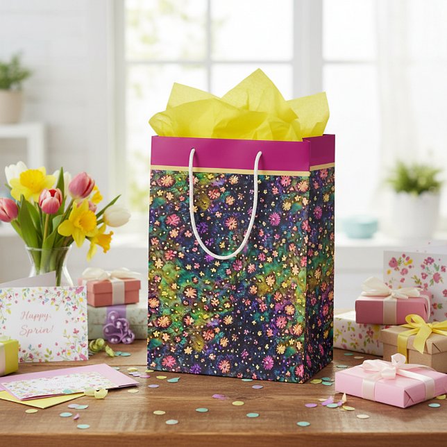 Colourful watercolor flowers pattern  medium gift bag (Creator Uploaded)